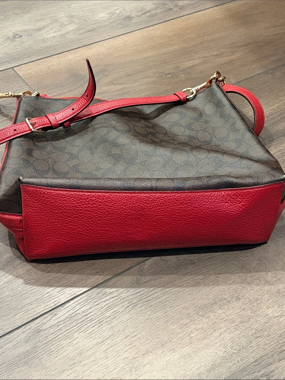Coach Brown Signature Canvas Shoulder Bag with Red Leather Trim
